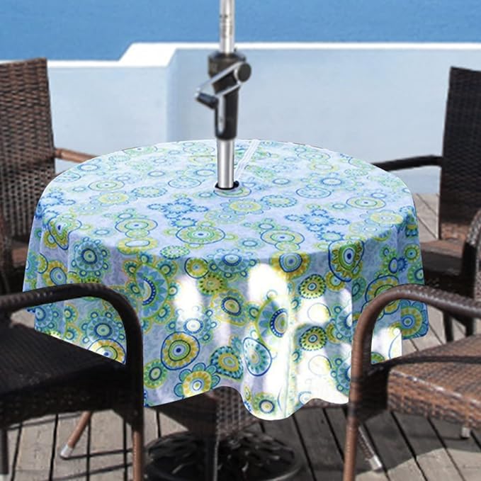 UMINEUX Outdoor Tablecloth with Umbrella Hole and Zipper, Spring/Summer Waterproof Table Cover for Picnic/BBQ/Garden(60" Round,Blue&Green)