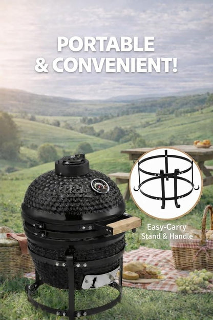 13-in W Kamado Grill with Built-in Thermometer, Oval Grill with Cast Iron Grates, Bamboo handle, Portable Ceramic Grills with Low Stand for Backyard, Patio, Deck grilling, Black