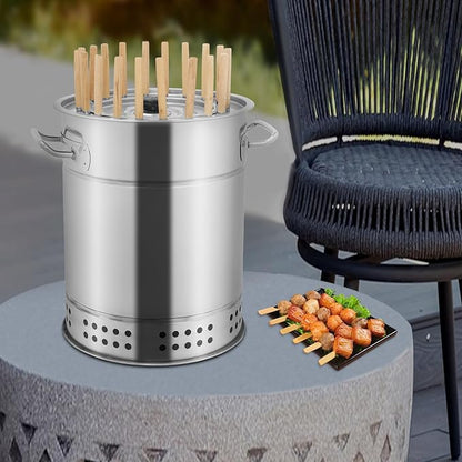 Portable BBQ Charcoal Grill Stainless Steel Charcoal Barrel Grill Small Surround Charcoal kebab Grill for Picnics Camping Traveling Parties (20 Skewers)