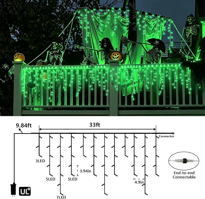 QITONG Green Halloween Lights, 33ft 400 LED Icicle Light for Outside with 8 Modes, Clear Wire Connectable Christmas String Lights Plug in Indoor