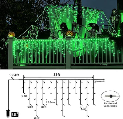 QITONG Green Halloween Lights, 33ft 400 LED Icicle Light for Outside with 8 Modes, Clear Wire Connectable Christmas String Lights Plug in Indoor