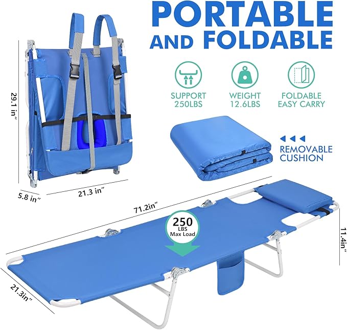 3 in 1 Women Comfort Backpack Tanning Beach Chair with Face Hole Padded Adjustable & Cushion | Portable Folding Lounge Sun Chair for Adult Outside Reading Sunbathing Poolside | Reclining 6 Position