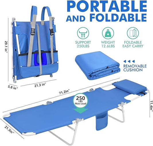 3 in 1 Women Comfort Backpack Tanning Beach Chair with Face Hole Padded Adjustable & Cushion | Portable Folding Lounge Sun Chair for Adult Outside Reading Sunbathing Poolside | Reclining 6 Position