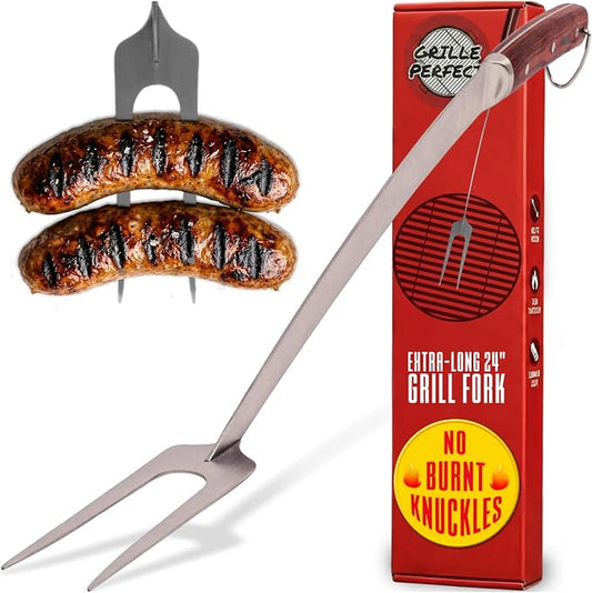 Grill Fork 24-inch Super Long for Grilling Barbecue Griddle and Fire Pit Extra Strong Curved Neck Premium Hardwood Handle Large Stainless Steel Tines for BBQ Outdoor Kitchen and Grilled Food