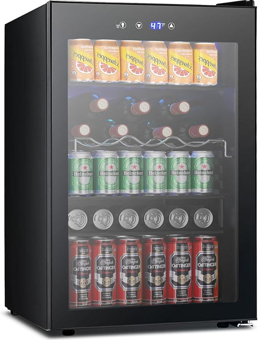 COWSAR Beverage Refrigerator, 145 Can Mini Fridge Glass Door for Soda Beer, ETL Approved Stainless Steel Wine Fridge with Temperature Display, LED Light for Home, Office, Bar, 4.5 cu.ft