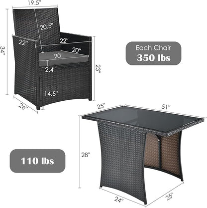 DORTALA Wicker Patio Bistro Set 3 Piece, Outdoor Table and Chairs with Tempered Glass Tabletop, Cushions, Small Rattan Furniture Conversation Sofa Set for Balcony, Porch, Backyard, Deck, Grey