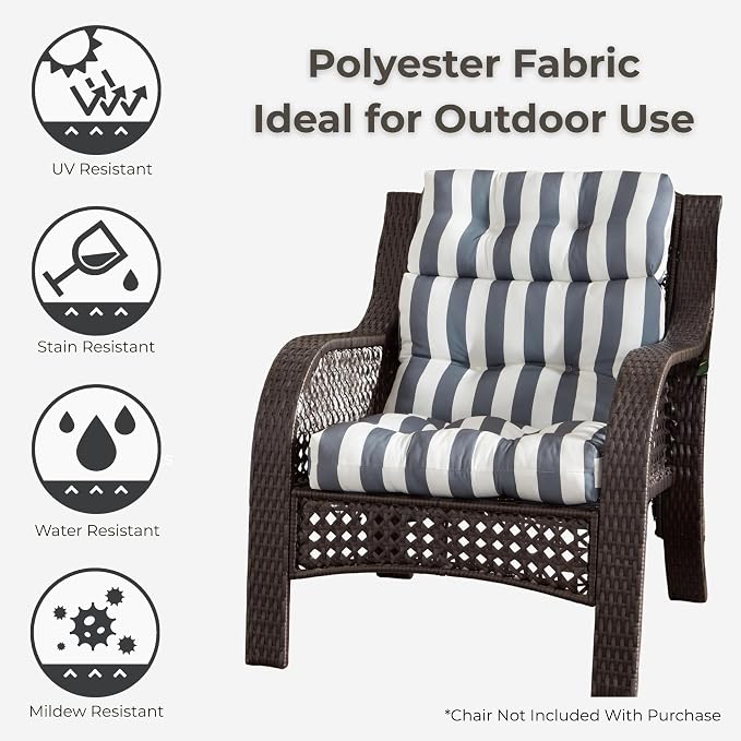 Outdoor Tufted High-Back Chair Cushions, One-Piece Hinged Seat and Back Design, Reversible with 4 Ties, Durable Polyester Fabric, Recycled Fiber Fill - Set of 2, Canopy Stripe Gray