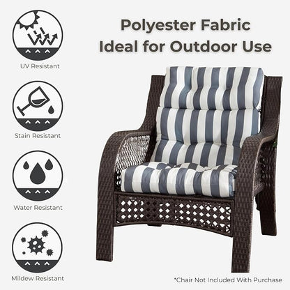 Outdoor Tufted High-Back Chair Cushions, One-Piece Hinged Seat and Back Design, Reversible with 4 Ties, Durable Polyester Fabric, Recycled Fiber Fill - Single, Canopy Stripe Gray