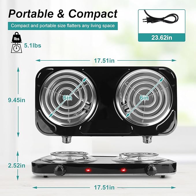 Electric Hot Plate,2000W Portable Electric Stove Countertop Double Coil Burners W/Dual Control&5 Level Temperature Control, Easy to Clean,Lightweight Cast Iron Countertop Stove for Home Camp RV 110V