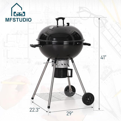 MFSTUDIO 22" Kettle Charcoal Grill, Portable Porcelain-Enameled BBQ Grill with Slide Out Ash Catcher for Outdoor Barbecue Cooking, Black