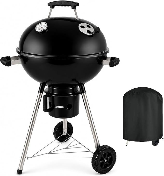 18-Inch Kettle Charcoal Grill with Cover & Wheels | Easy Assembly, Built-in Thermometer, Removable Ash Catcher, Perfect for Backyard BBQ, Patio & Family Cookouts