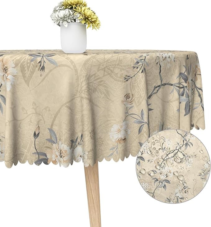 Chic Flower Round Tablecloths 60x60 Inch Elegant Wild Flowers Vintage Seasonal Circle Table Cover for Party Picnic Dinner Boho Waterproof Oblong Polyester Tablecloth for Spring Home Decor