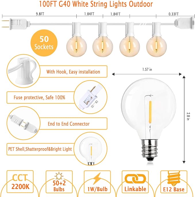 White Outdoor String Lights 100FT Patio Lights with 52 G40 Edison Bulbs | 2200K Warm White,10ft lead wire,White String Lights Waterproof Outside for Wedding,Proposal,Party,Anniversary