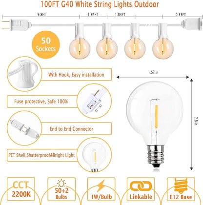 White Outdoor String Lights 100FT Patio Lights with 52 G40 Edison Bulbs | 2200K Warm White,10ft lead wire,White String Lights Waterproof Outside for Wedding,Proposal,Party,Anniversary