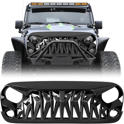 Front Grill Shark Grille Compatible with 2007-2018 Jeep Wrangler Rubicon Sahara Sport JK JKU, Glossy Black