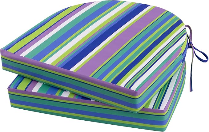Topotdor Outdoor Chair Cushions Set of 2, Waterproof Patio Chair Cushions for Outdoor Furniture, Round Corner Seat Chair Pads with Ties for Patio Garden Dining Office, 19"x19"x3", Blue Stripe