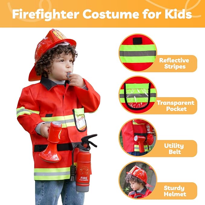 Liberry Firefighter Costume for Kids 3-5, Fireman Toys with Toddler Career Day Outfit, Helmet, Fire Extinguisher, Pretend Play Set for Boys Girls Birthday Gift