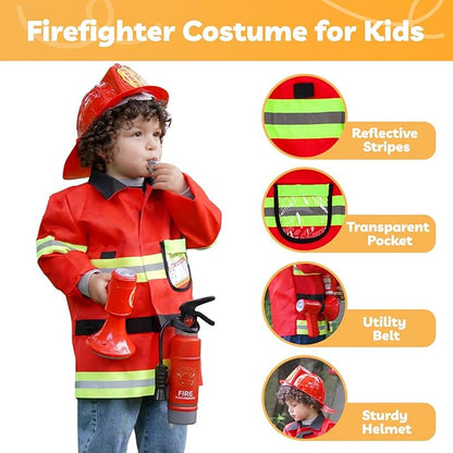 Liberry Firefighter Costume for Kids 3-5, Fireman Toys with Toddler Career Day Outfit, Helmet, Fire Extinguisher, Pretend Play Set for Boys Girls Birthday Gift