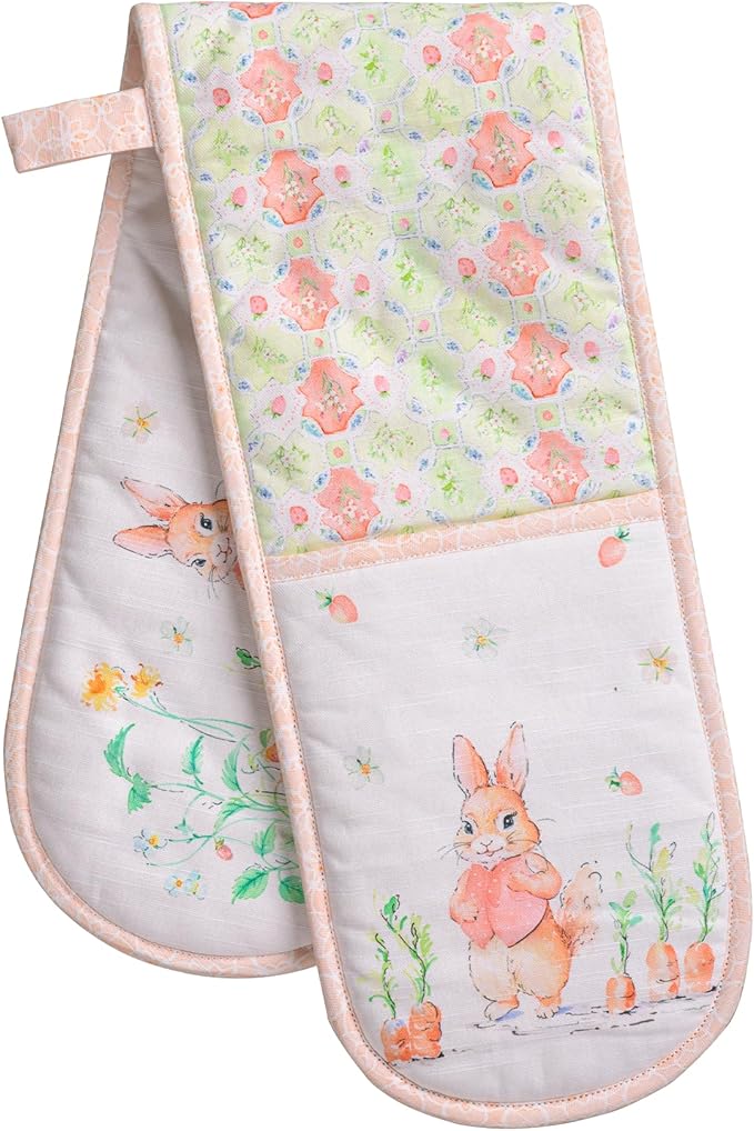 Maison d' Hermine Double Oven Mitts 100% Cotton 7"x35" Double Oven Mitt Heat Resistant BBQ Cooking Gloves with Loop Baking Grilling Kitchen Hotel Home Farmhouse Spring Summer (Bunny Party)