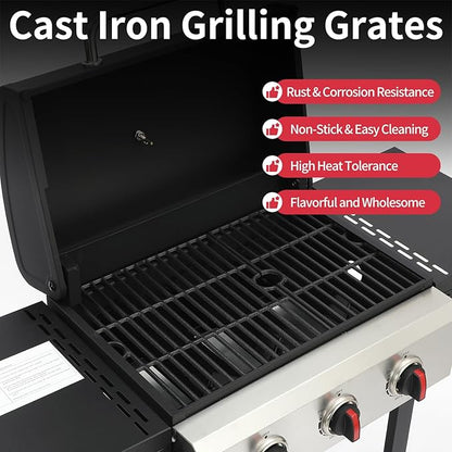 3-Burner Propane Gas Grill with Cast Iron Grate, 30,000 BTU Output & 252 Sq. Inch Cooking Space, Easy-Clean System & Foldable Side Tables for Outdoor BBQ (3-Burner)