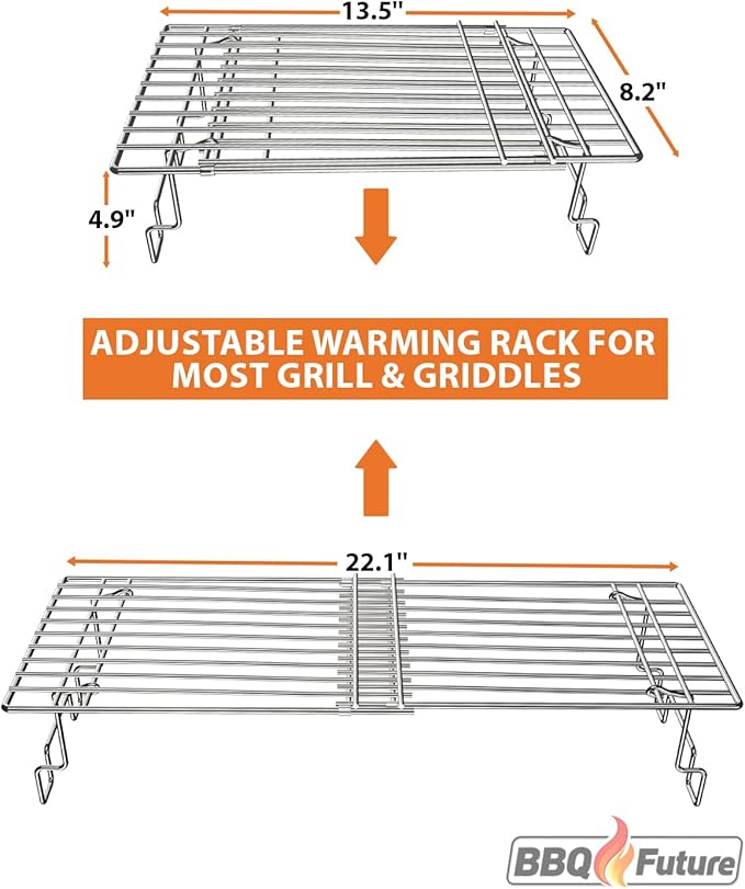 BBQ Future Universal Adjustable Warming Rack for Grills, Folding Stainless Steel Upper Rack for Pit Boss Traeger Pellet Smoker Weber Charbroil Gas Grill Blackstone Griddle & More, Dishwasher Safe