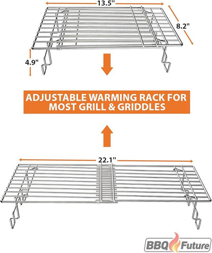 BBQ Future Universal Adjustable Warming Rack for Grills, Folding Stainless Steel Upper Rack for Pit Boss Traeger Pellet Smoker Weber Charbroil Gas Grill Blackstone Griddle & More, Dishwasher Safe