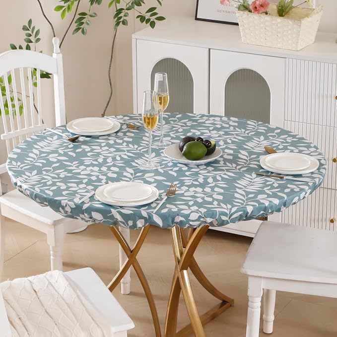 Walrus Round Vinyl Fitted Tablecloth with Flannel Backing Elastic Edge Design Table Cover Waterproof Oil-Proof PVC Table Cloth Stain-Resistant Best for 45"-56" Round