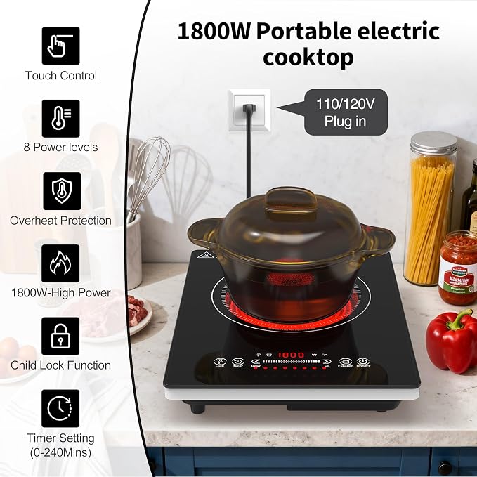 VBGK Single Burner Electric Cooktop,110V 1800W Electric Stove Top with LED Touch Control,8 Power Levels, 4HTimer, Safety Lock, portable cooktop Overheat protection