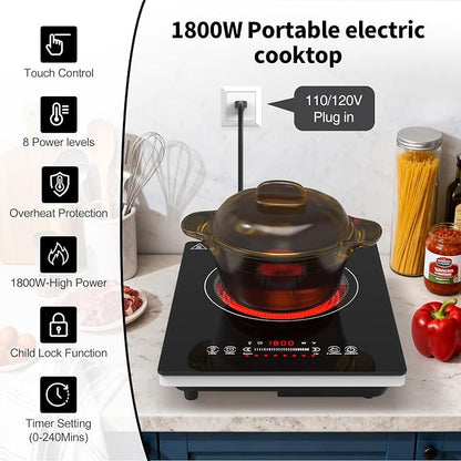 VBGK Single Burner Electric Cooktop,110V 1800W Electric Stove Top with LED Touch Control,8 Power Levels, 4HTimer, Safety Lock, portable cooktop Overheat protection