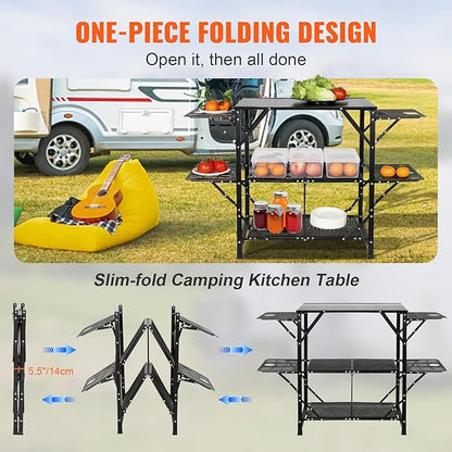 VEVOR Camping Kitchen Table, Aluminum Folding Portable Outdoor Cook Station with 4 Iron Side, 2 Shelves & Carrying Bag, Quick Installation for Picnic BBQ Beach Traveling