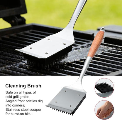 Heavy-Duty Wood BBQ Grilling Accessories Tools Set, Premium Thickened Stainless Steel Barbecue Utensils for Outdoor Grilling