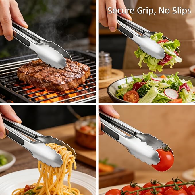 Stainless Steel Grill Tongs Set, 12" & 16" Locking BBQ Tongs, Heat Resistant Metal Food Tongs for Cooking Grilling Buffet & Kitchen
