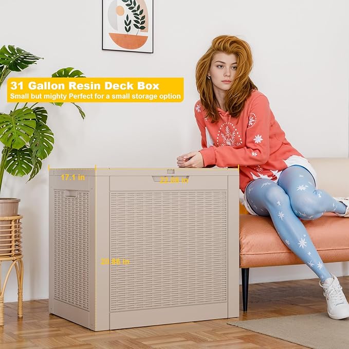 Vixzen 31 Gallon Deck Boxes Outdoor Waterproof, Resin Lockable Storage Box for Patio Cushions Storage Furniture, Garden Tools, Pool Supplies, Weatherproof and UV Resistant (Grey, 31 Gallon)