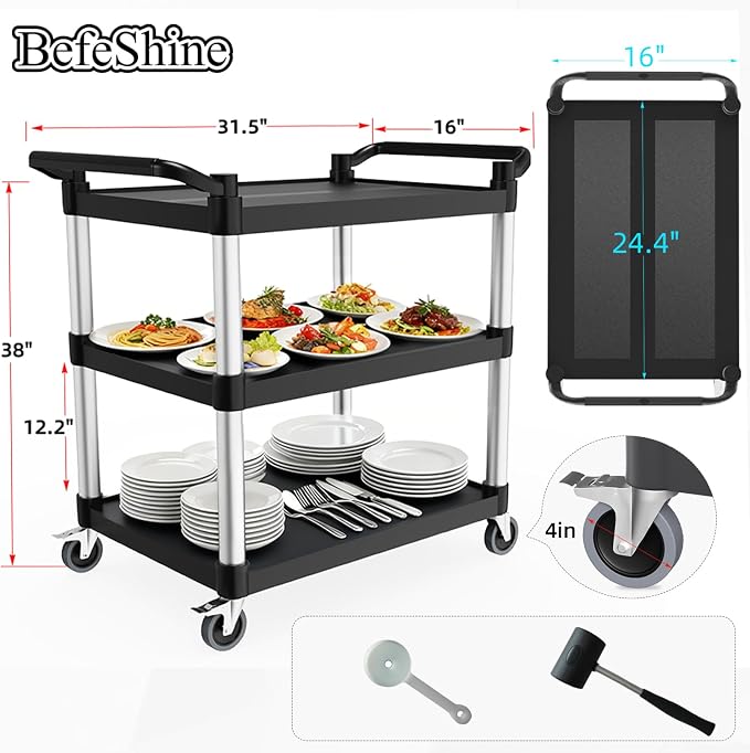 Plastic Utility Carts with Wheels, 3-Tier Rolling Cart, Restaurant Cart | 300 lbs Heavy Duty Capacity with 4 inch Silent Casters(2 Lockable), for Home, Office, Restaurant, Warehouse.31.5"× 16" × 38"