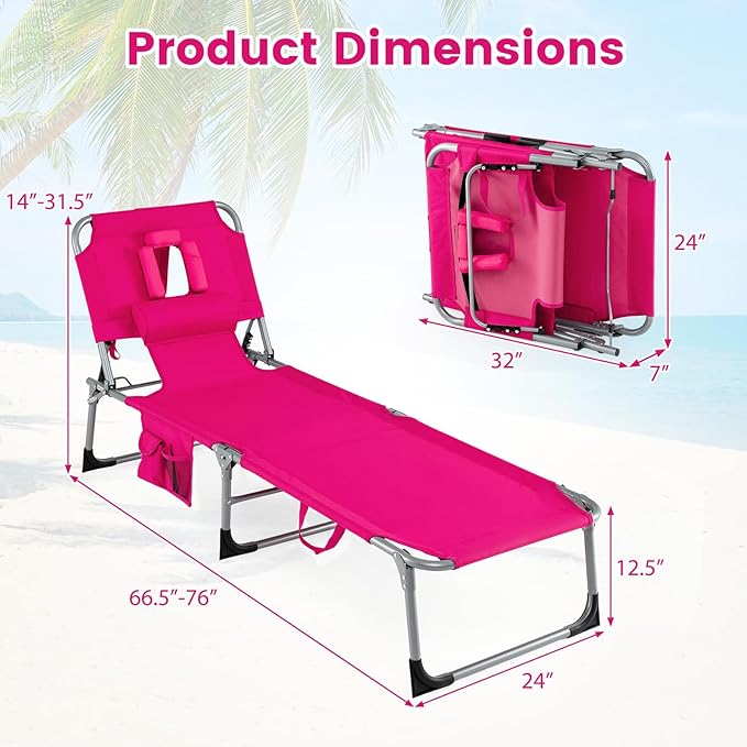COSTWAY Tanning Chair with Face Hole, Folding Beach Lounge Chair with 4-Position Adjustable Backrest, Pillow & Side Pocket, Foldable Chaise Lounge Chair Outdoor for Sunbathing, Camping (2, Pink)