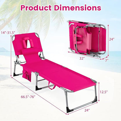 COSTWAY Tanning Chair with Face Hole, Folding Beach Lounge Chair with 4-Position Adjustable Backrest, Pillow & Side Pocket, Foldable Chaise Lounge Chair Outdoor for Sunbathing, Camping (2, Pink)