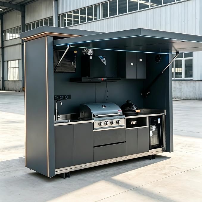 Luxury Prefab Outdoor Kitchen Kits with Roof Storage, Modular Outdoor Kitchen Island with Grill, Sink, Burners, Refrigerator, Patio and Backyard Cooking Station