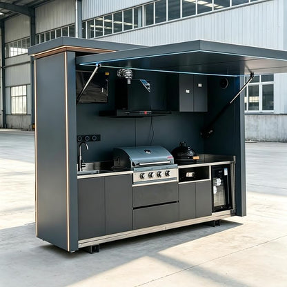 Outdoor Kitchen Pod with Roof, Prefabricated Modular Outdoor Kitchen Island Featuring Sink, Grill Station, Storage Cabinet and Prep Counter, Backyard Patio Cooking Solution for Family Gatherings