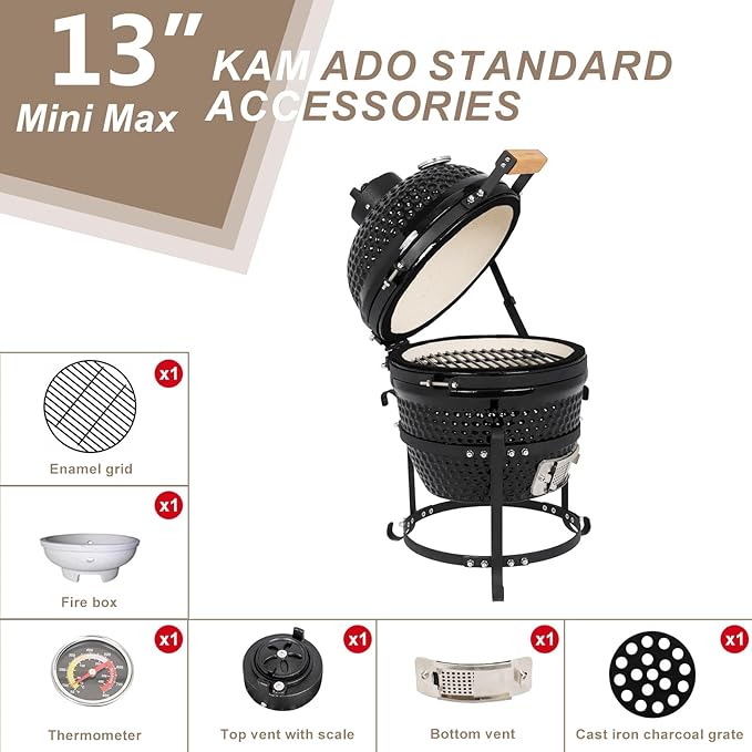 Kamado Egg Grill with Built-in Thermometer, Cast Iron Grates, Bamboo Handle, Portable Ceramic Grill for Backyard, Patio, Deck, Black
