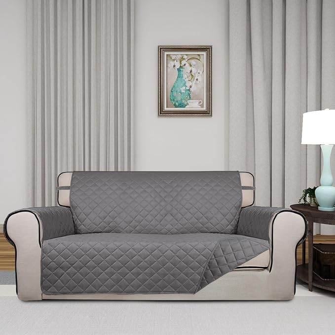 PureFit Reversible Quilted Couch Covers for Dogs Loveseat Sofa Cover 54" | Gray/Gray, Water Resistant Couch Protector, Washable Pet Couch Cover with Non Slip and Elastic Straps For Kids