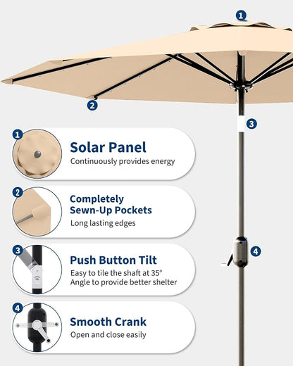 GarveeLife 10 ft Patio Umbrella with Solar Lights, 8 Ribs Outdoor Market Table Umbrella with 40 LED Lights & Tilt Crank for Pool, Deck, Backyard (Tan)