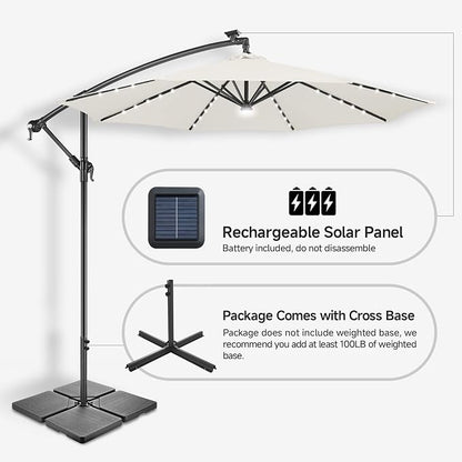10 ft Solar Patio Umbrella Cantilever with Centre Light, Ivory | 40 LED Lights, UV Protection, Large Offset Patio Umbrella Outdoor for Garden, Deck, Backyard, Pool, Porch, Provides Shade