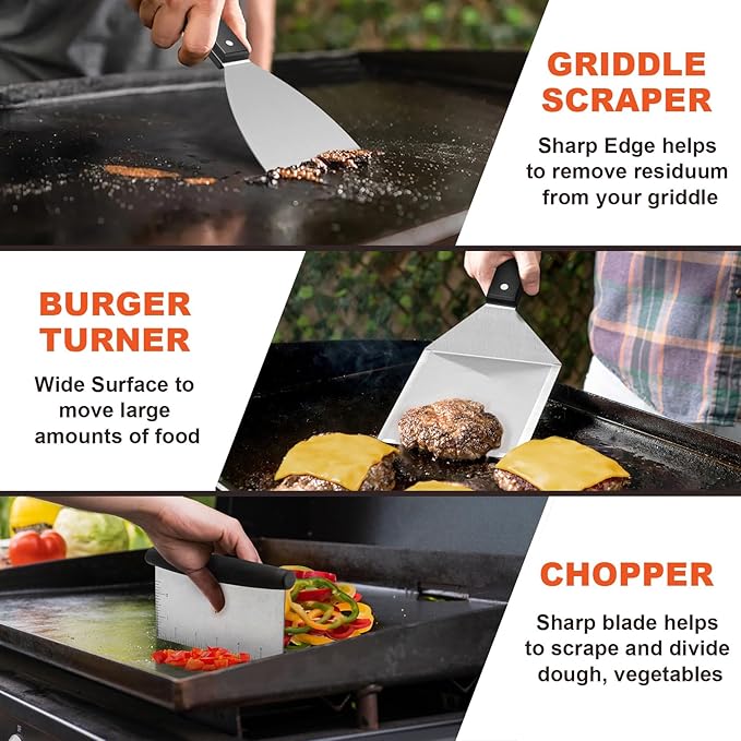 8Pcs Griddle Accessories Kit for Blackstone, Joyfair Flattop Grilling Accessory Tool Set with Stainless Steel Burger Spatula Turner, Metal Flipper, for Outdoor BBQ Teppanyaki Hibachi, (ABS Handles)