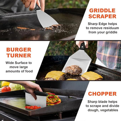 8Pcs Griddle Accessories Kit for Blackstone, Joyfair Flattop Grilling Accessory Tool Set with Stainless Steel Burger Spatula Turner, Metal Flipper, for Outdoor BBQ Teppanyaki Hibachi, (ABS Handles)
