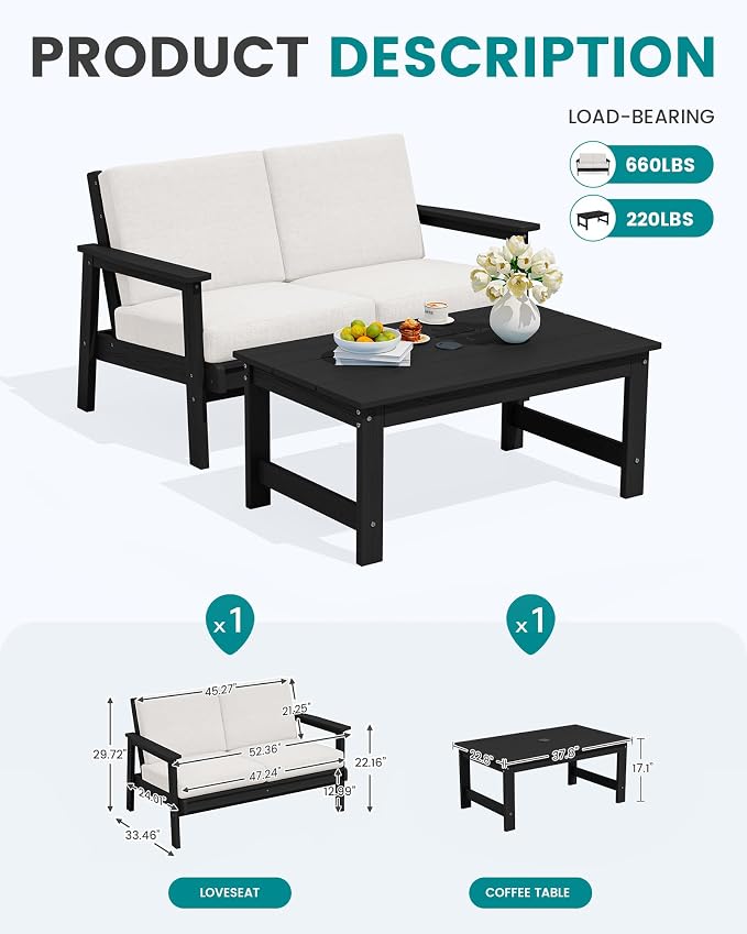 SERWALL Outdoor Loveseat, Black Frame and Khaki Cushion