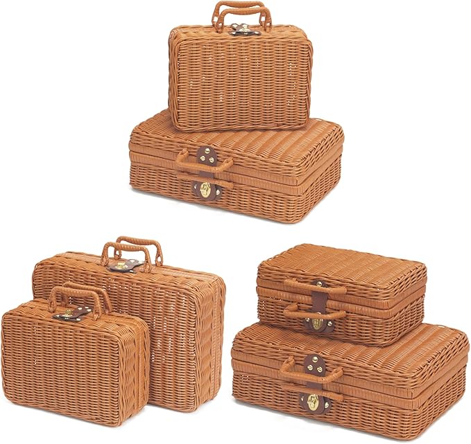 Wicker Picnic Basket, Decorative Prop Suitcase Vintage Storage Hamper Makeup Organizer, Metal Lock Rattan Storage Box with Handles for Sundries Travel Camping and Outdoor Party (Brown, M+XL)