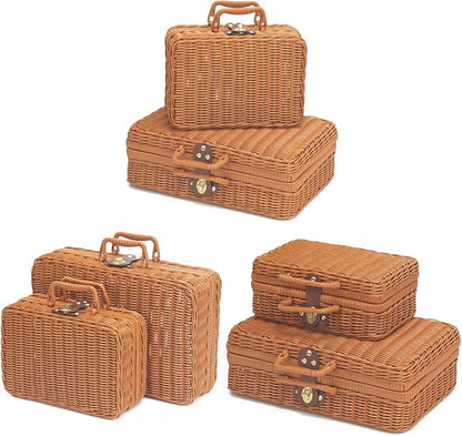 Wicker Picnic Basket, Decorative Prop Suitcase Vintage Storage Hamper Makeup Organizer, Metal Lock Rattan Storage Box with Handles for Sundries Travel Camping and Outdoor Party (Brown, M+XL)