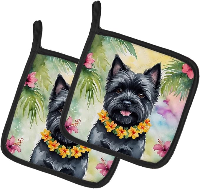 Caroline's Treasures Cairn Terrier Luau Pair of Pot Holders Kitchen Heat Resistant Pot Holders Sets Oven Hot Pads for Cooking Baking BBQ, 7 1/2 x 7 1/2