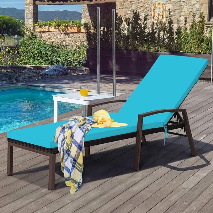 Tangkula Patio Rattan Lounge Chair, Outdoor Reclining Chaise with Cushion and Armrest, Wicker Sun Lounger with Adjustable Backrest for Garden, Balcony, Poolside (1, Turquoise)