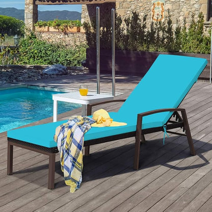 Tangkula Patio Rattan Lounge Chair, Outdoor Reclining Chaise with Cushion and Armrest, Wicker Sun Lounger with Adjustable Backrest for Garden, Balcony, Poolside (1, Turquoise)